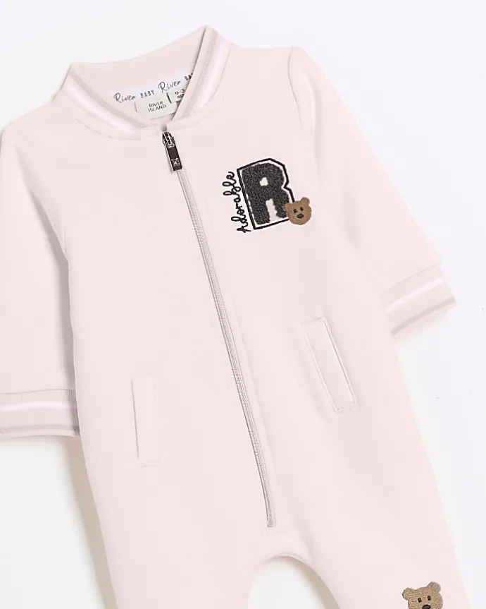 Baby girls pink bear zip up sleepsuit