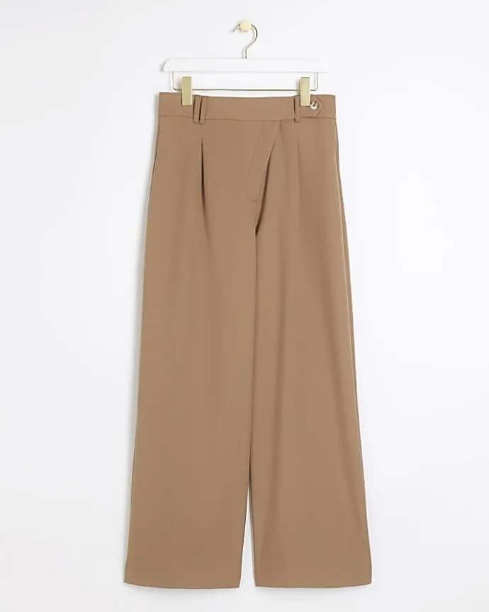 Beige asymmetric waist wide leg trousers