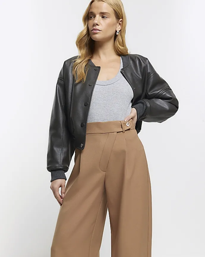 Beige asymmetric waist wide leg trousers