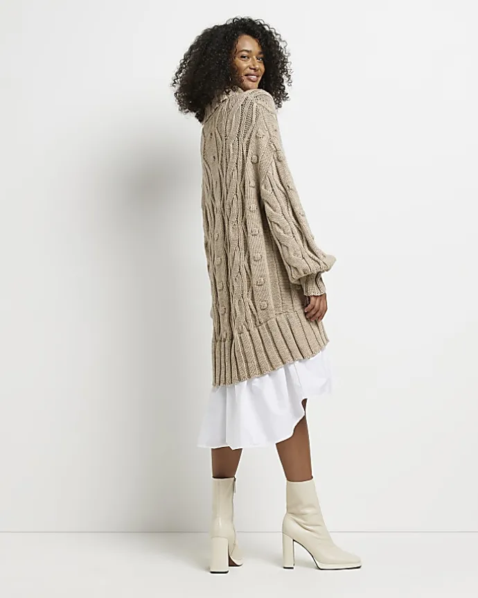 Beige cable knit mini jumper shirt dress