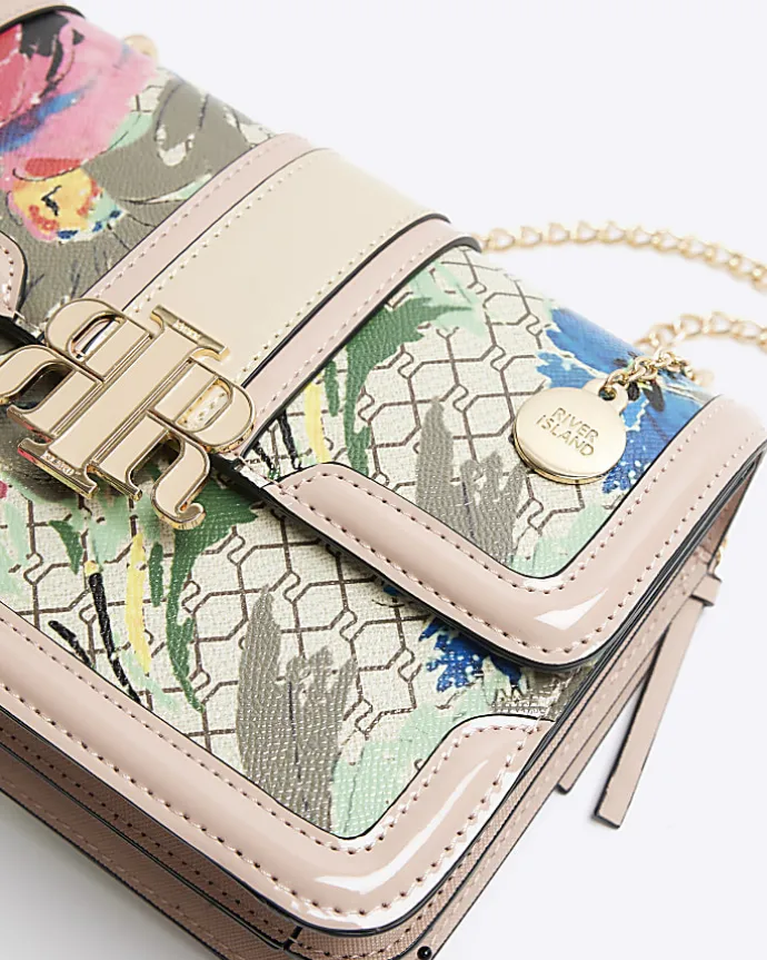 Beige floral monogram satchel bag