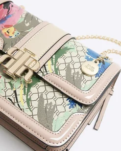 Beige floral monogram satchel bag