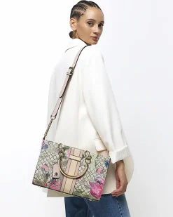 Beige floral tote bag