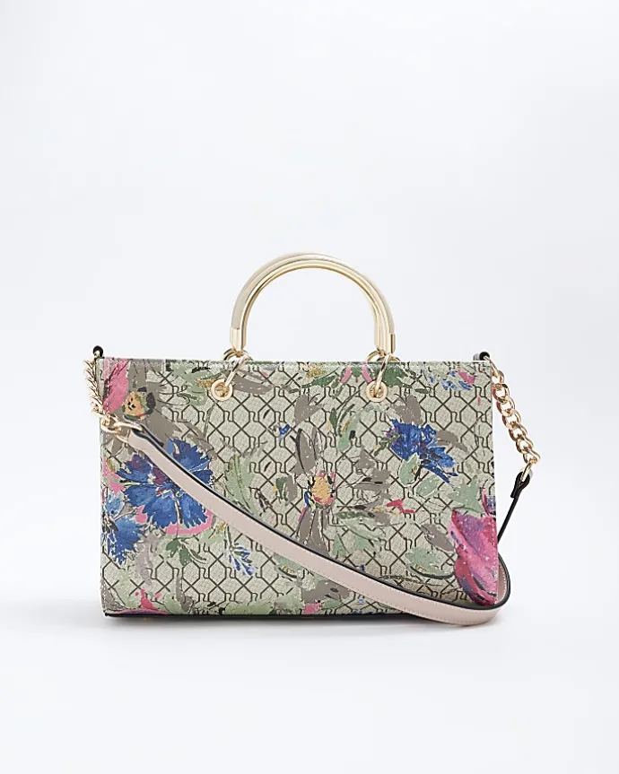 Beige floral tote bag
