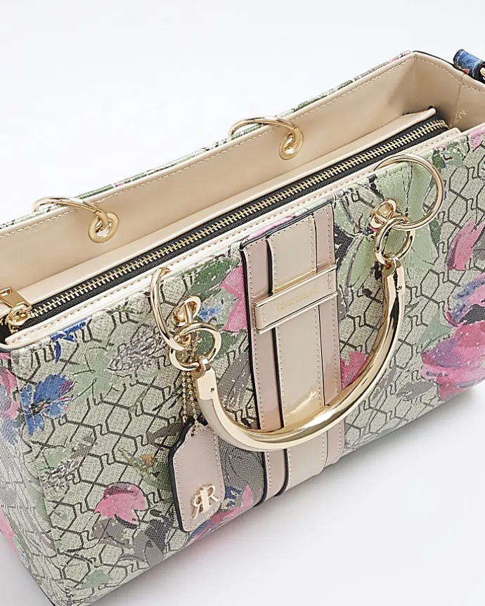 Beige floral tote bag