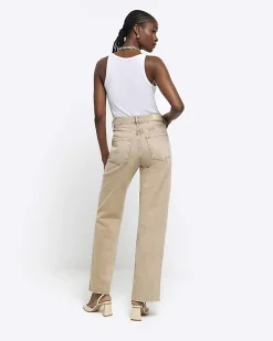 Beige high waisted relaxed straight jeans