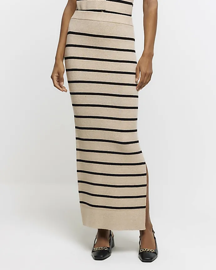 Beige knit stripe maxi skirt