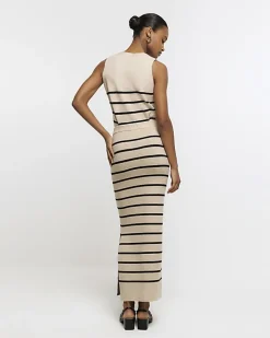 Beige knit stripe maxi skirt