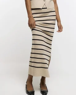 Beige knit stripe maxi skirt