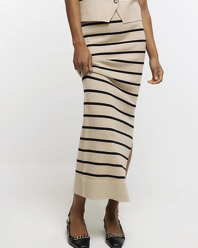 Beige knit stripe maxi skirt
