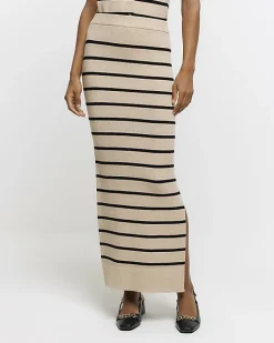 Beige knit stripe maxi skirt