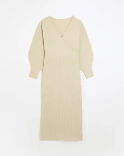 Beige knit wrap jumper midi dress