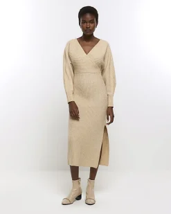 Beige knit wrap jumper midi dress