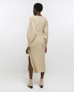 Beige knit wrap jumper midi dress