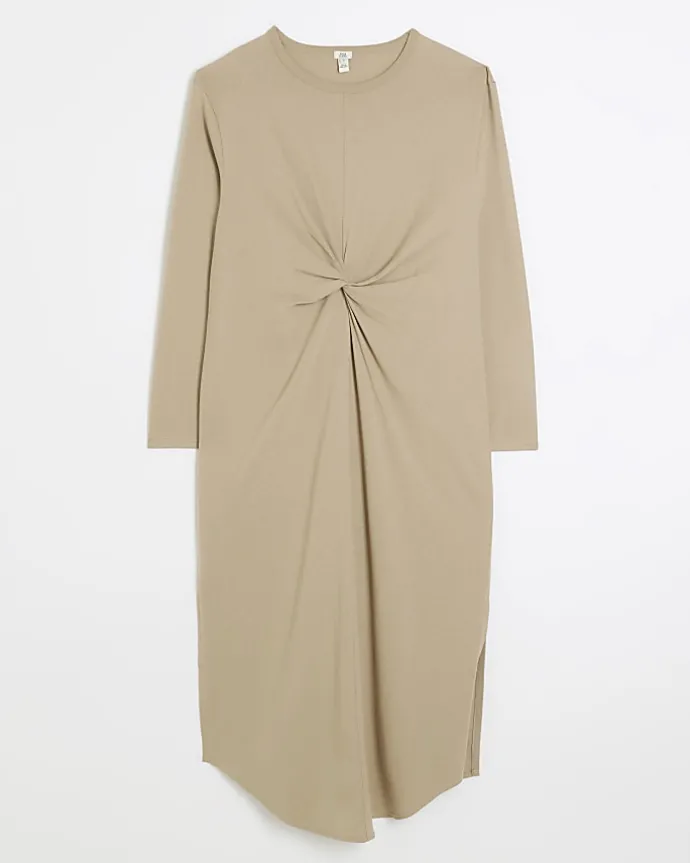 Beige knot long sleeve t-shirt midi dress