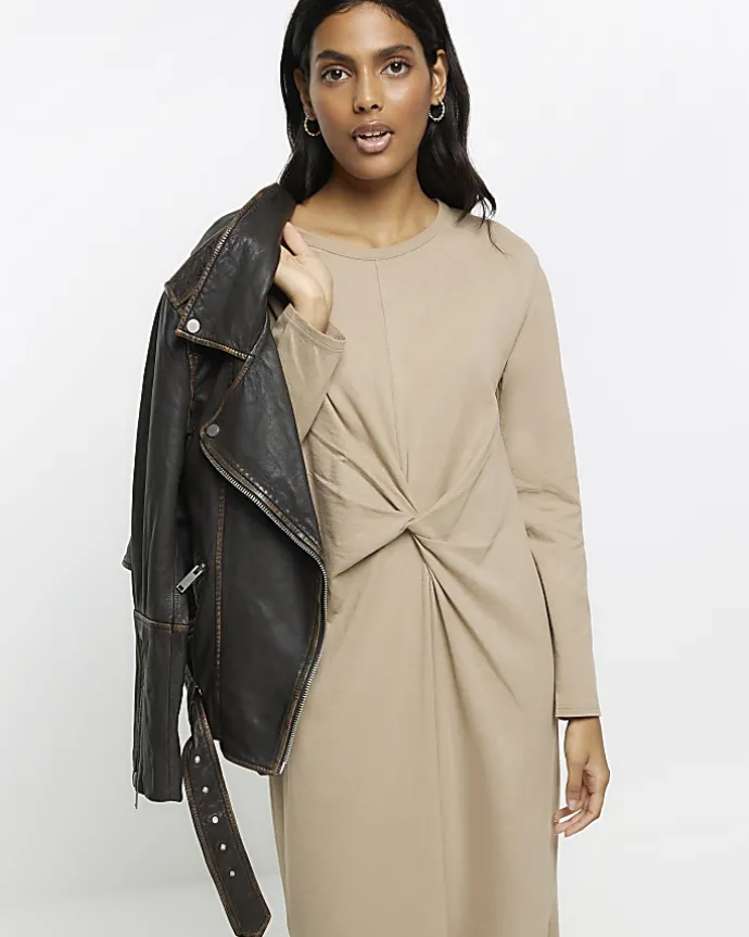 Beige knot long sleeve t-shirt midi dress