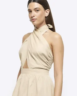 Beige linen halter neck midi dress