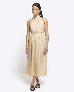Beige linen halter neck midi dress