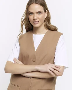 Beige longline button up waistcoat