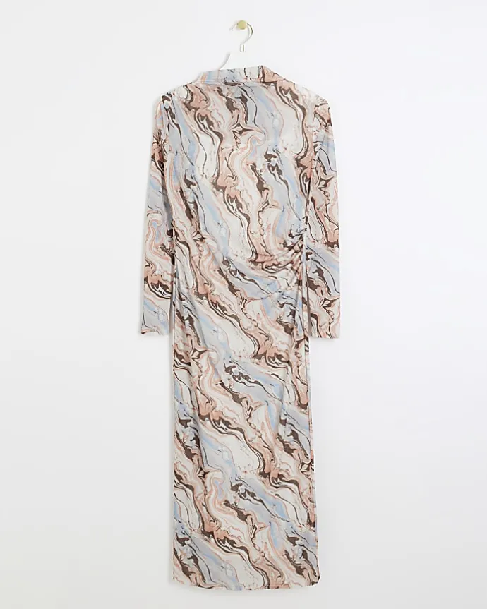 Beige mesh marble bodycon midi dress
