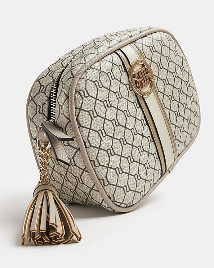 Beige RI monogram print cross body bag