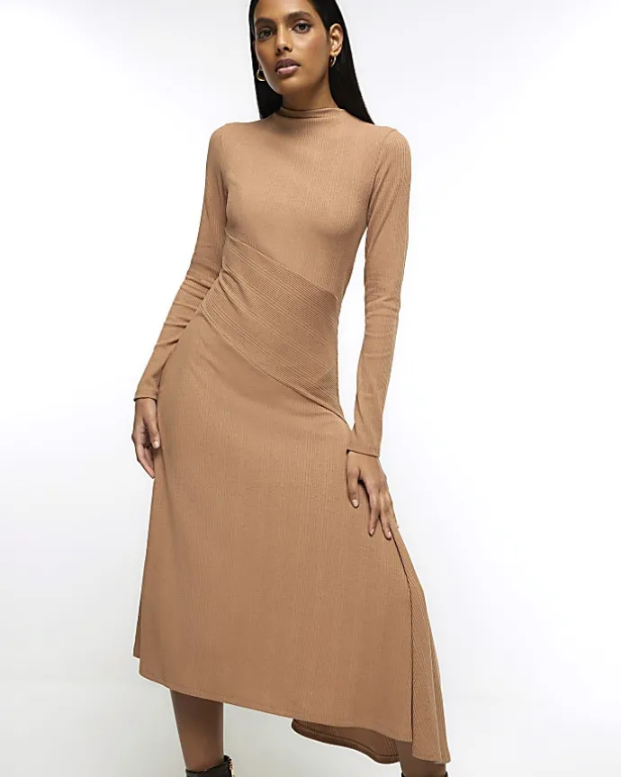 Beige rib asymmetric bodycon midi dress