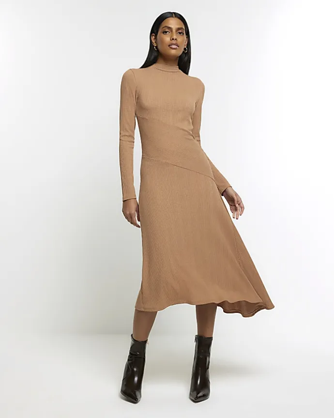Beige rib asymmetric bodycon midi dress
