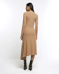 Beige rib asymmetric bodycon midi dress