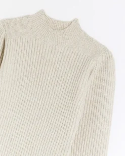 Beige rib puff sleeve jumper mini dress