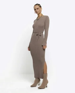 Beige rib tie waist jumper maxi dress