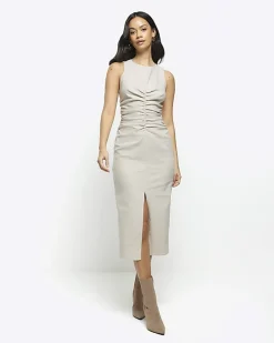 Beige ruched split bodycon midi dress