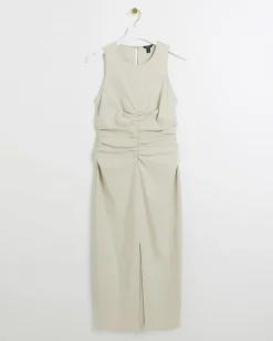 Beige ruched split bodycon midi dress