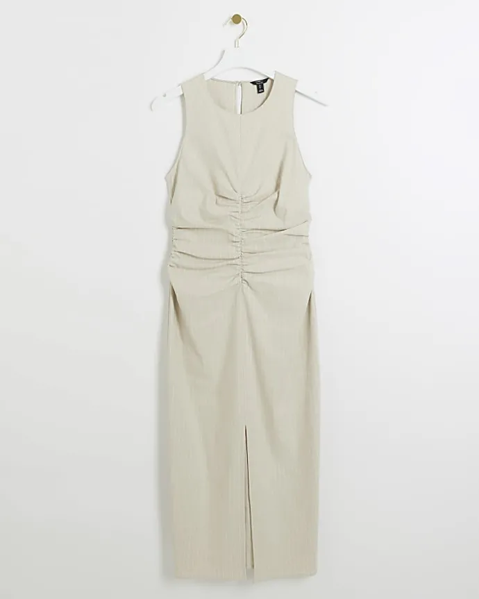 Beige ruched split bodycon midi dress