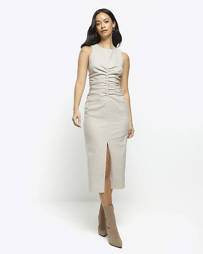 Beige ruched split bodycon midi dress