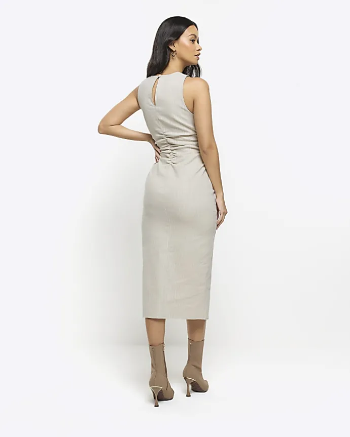 Beige ruched split bodycon midi dress