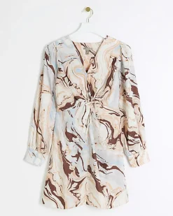 Beige Satin Marble print Shift Mini Dress