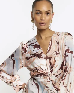 Beige Satin Marble print Shift Mini Dress