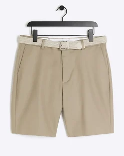 Beige slim fit belted chino shorts
