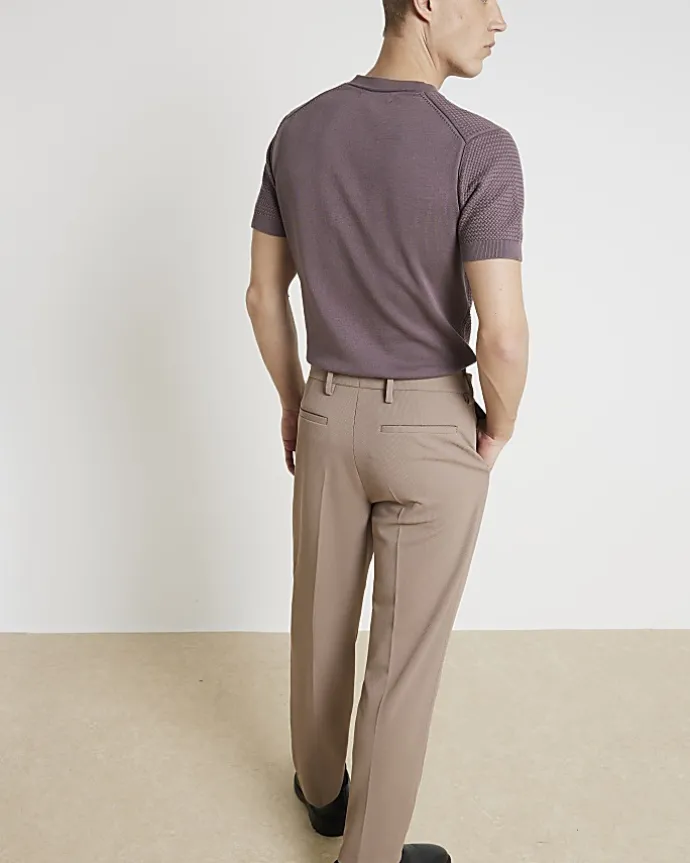 Beige slim fit waffle textured trousers