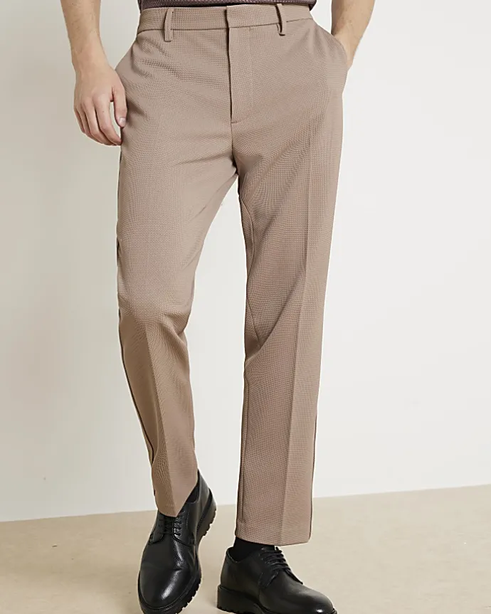 Beige slim fit waffle textured trousers