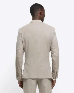 Beige slim fit wool blend suit jacket