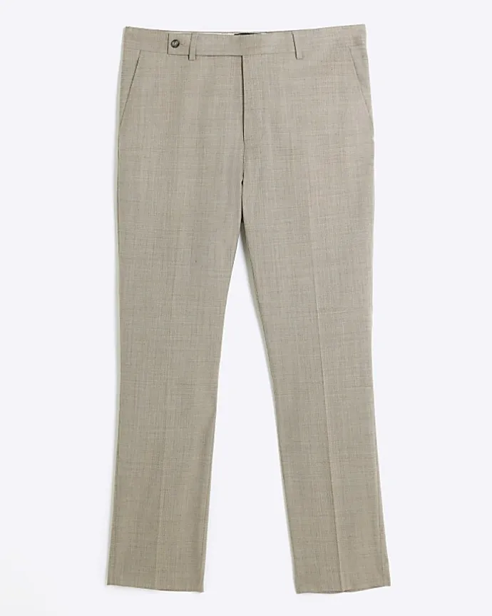 Beige slim fit wool blend suit trousers
