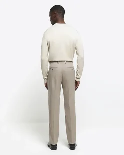 Beige slim fit wool blend suit trousers