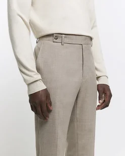 Beige slim fit wool blend suit trousers