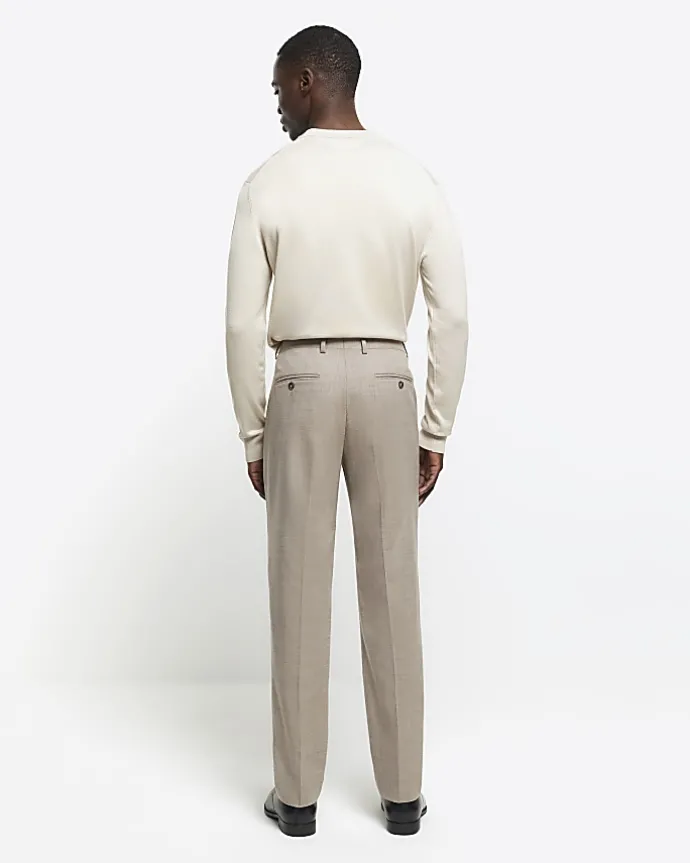 Beige slim fit wool blend suit trousers