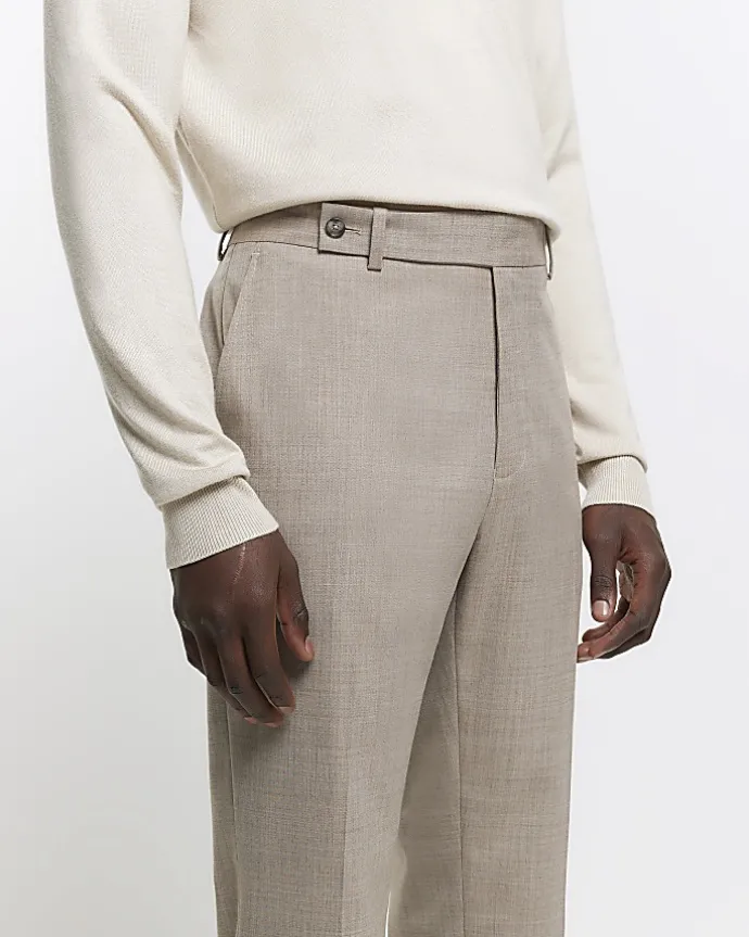 Beige slim fit wool blend suit trousers