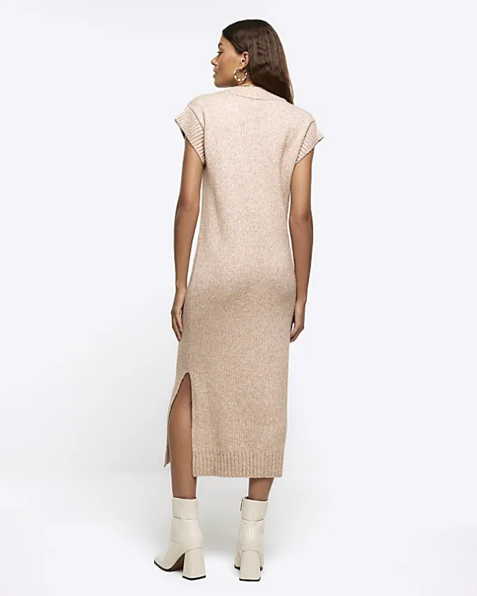 Beige split hem jumper midi dress