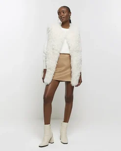 Beige suedette elasticated mini skirt