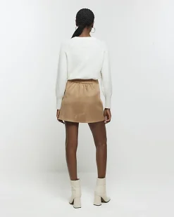 Beige suedette elasticated mini skirt