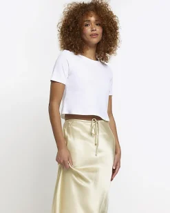 Beige tie waist midi skirt